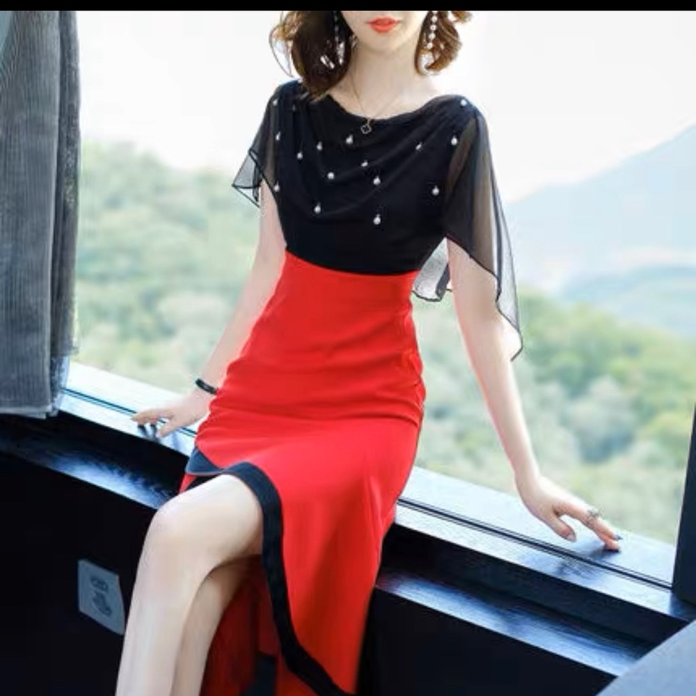 dress women's mid-length short-sleeved slim-fit irregular A-line skirt tide